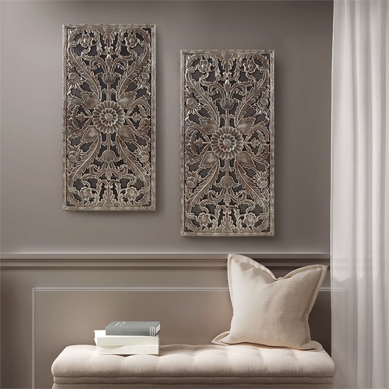 Pemberly Row MDF Botanical Panel Carved Wall Panel in Bronze (Set of 2)