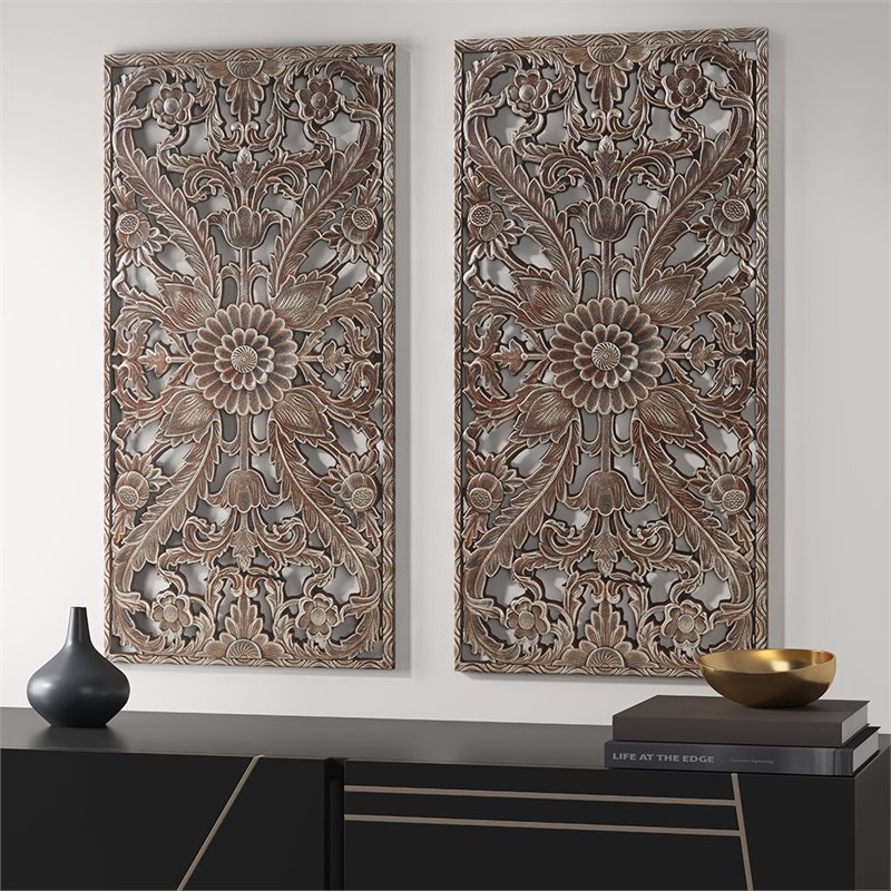 Pemberly Row MDF Botanical Panel Carved Wall Panel in Bronze (Set of 2)