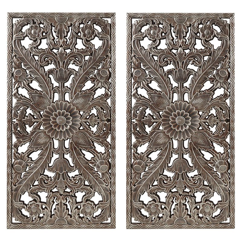 Pemberly Row MDF Botanical Panel Carved Wall Panel in Bronze (Set of 2)