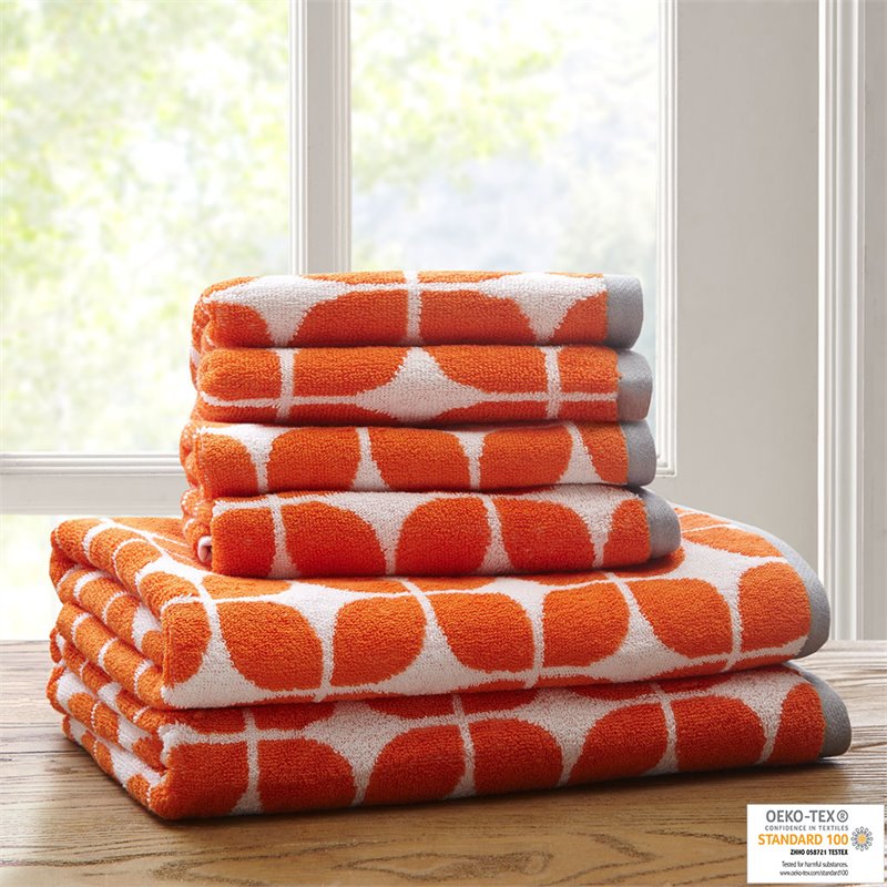 Pemberly Row Contemporary 6-Piece Cotton Jacquard Towel Set in Orange