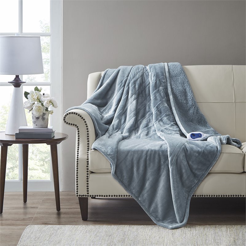 Pemberly Row Polyester Microlight and Berber Solid Heated Throw in Blue