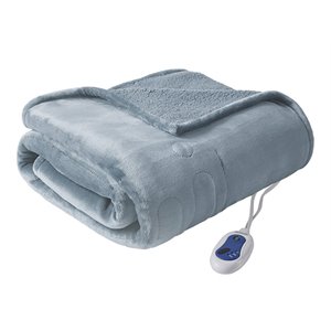 Pemberly Row Polyester Microlight and Berber Solid Heated Throw in Blue