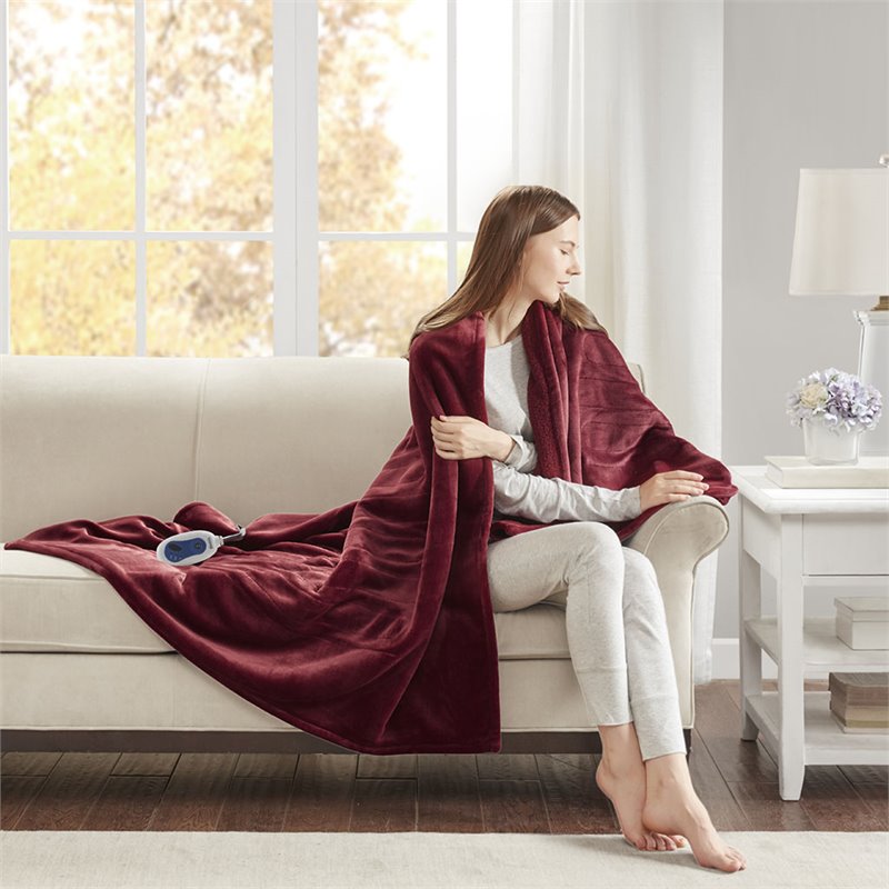 Pemberly Row Polyester Microlight and Berber Solid Heated Throw in Red