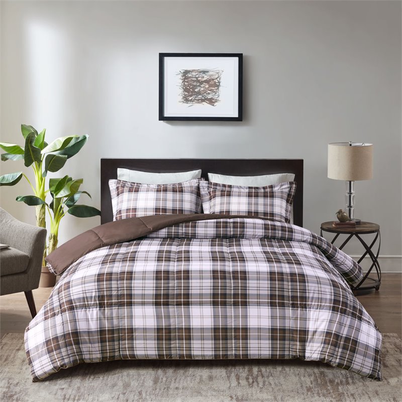 Pemberly Row Polyester Print Microfiber Comforter Mini Set in Brown