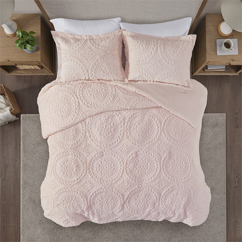 Pemberly Row Polyester Long Fur to Mink Comforter Set in Blush Pink