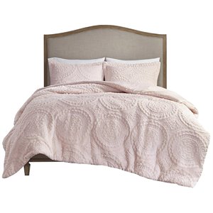 Pemberly Row Polyester Long Fur to Mink Comforter Set in Blush Pink