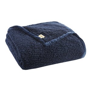 Pemberly Row Solid Berber Brushed Blanket w/ Crystal Velvet Binding-Navy