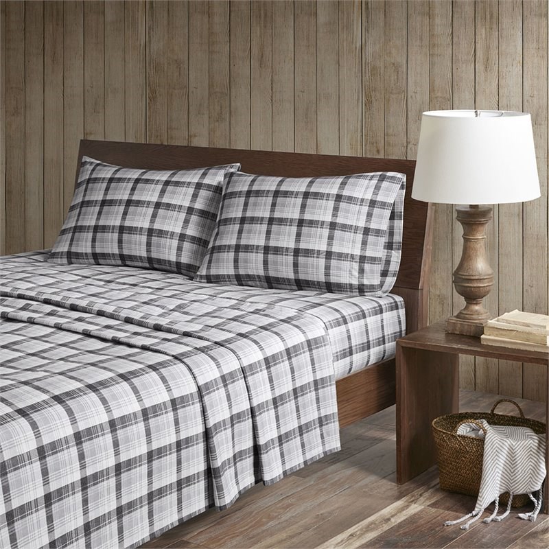 Pemberly Row 100 Percent Cotton Flannel Printed Sheet Set in Gray Plaid Finish