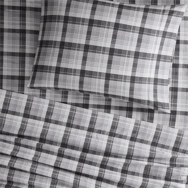 Pemberly Row 100 Percent Cotton Flannel Printed Sheet Set in Gray Plaid Finish