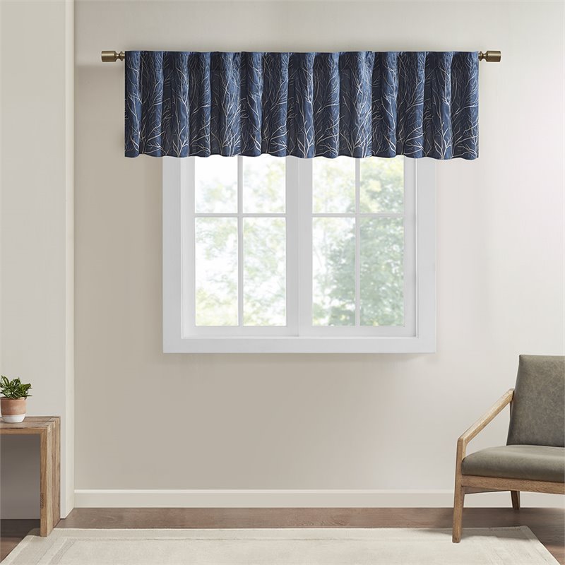 Pemberly Row Transitional Faux Silk Embroidered Window Valance in Navy