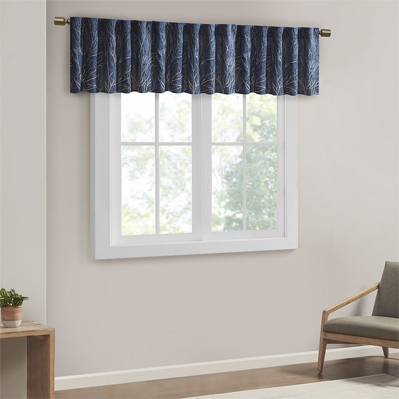 Pemberly Row Transitional Faux Silk Embroidered Window Valance in Navy