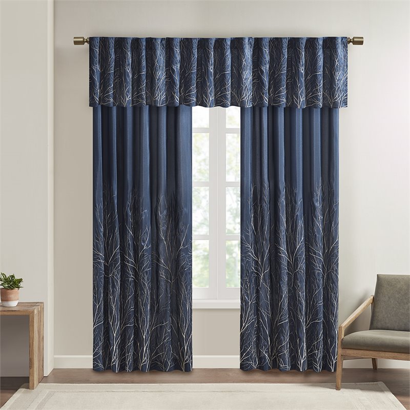 Pemberly Row Transitional Faux Silk Embroidered Window Valance in Navy