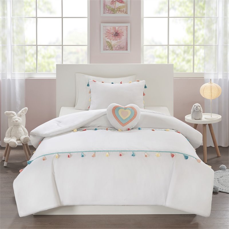 Pemberly Row Contemporary Polyester Brushed Comforter Set with Tassle in White