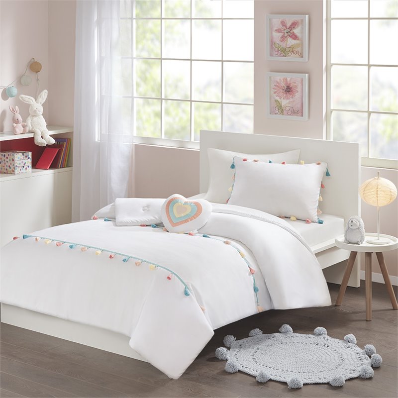 Pemberly Row Contemporary Polyester Brushed Comforter Set with Tassle in White
