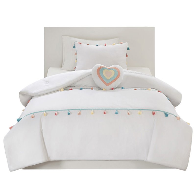 Pemberly Row Contemporary Polyester Brushed Comforter Set with Tassle in White
