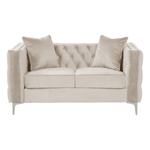 Pemberly Row Chesterfield Button Tufted Velvet Fabric Modern Loveseat-Beige