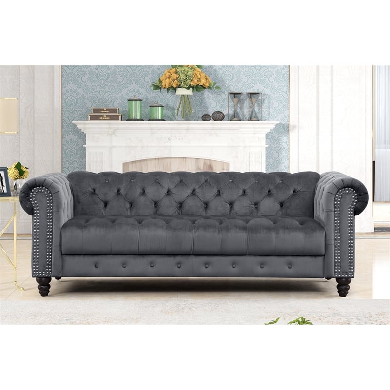 Pemberly Row 3 Piece Button Tufted Velvet Fabric Modern Sofa Set -Gray