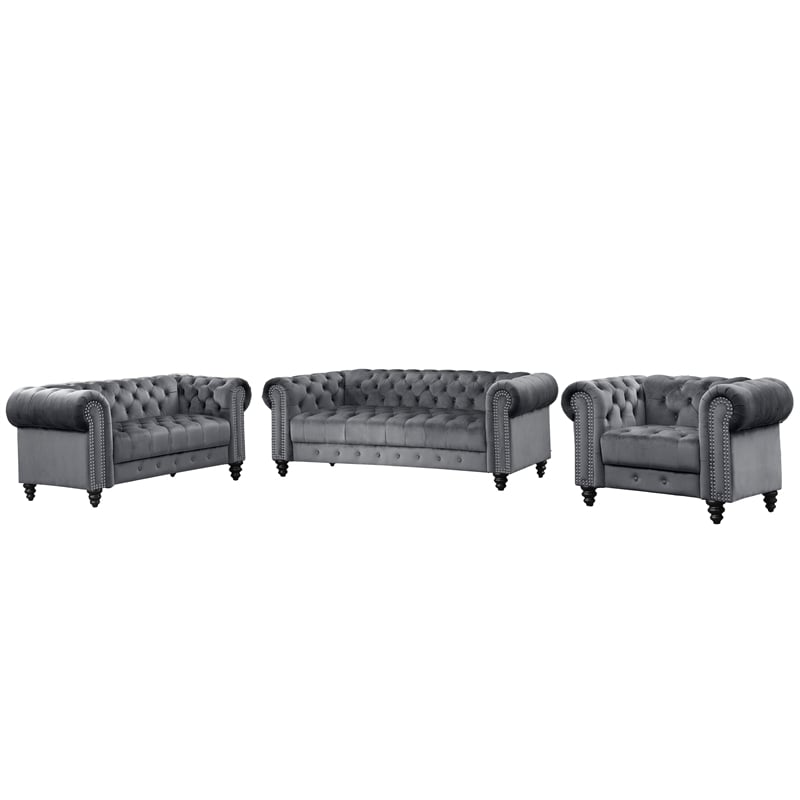 Pemberly Row 3 Piece Button Tufted Velvet Fabric Modern Sofa Set -Gray