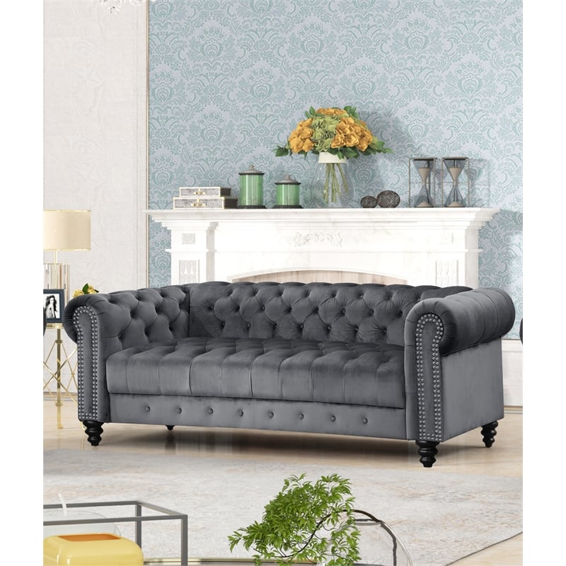 Pemberly Row 3 Piece Button Tufted Velvet Fabric Modern Sofa Set -Gray