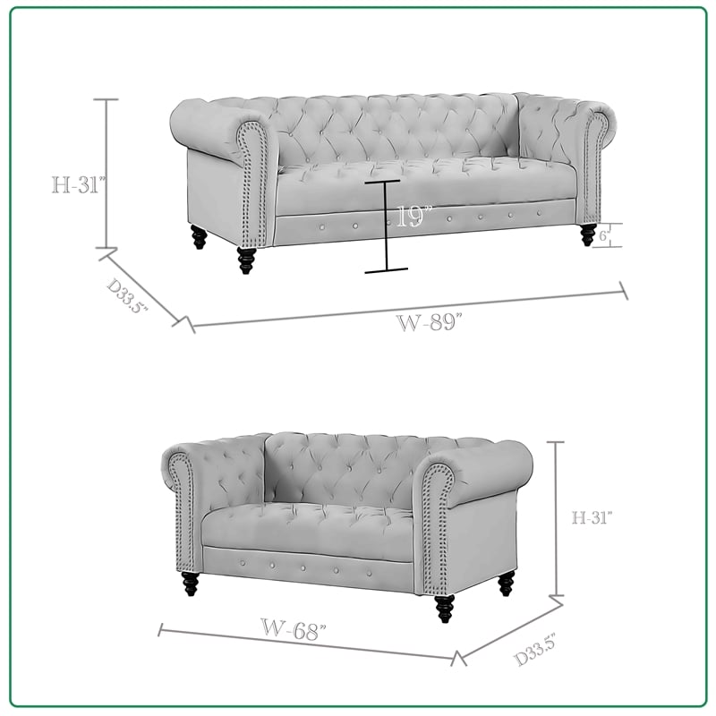 Pemberly Row 2 Piece Living room Furniture Velvet Fabric Modern Sofa Set -Gray