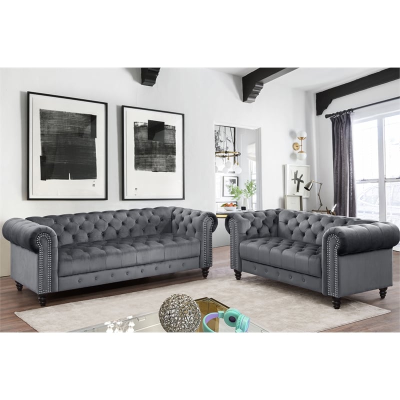 Pemberly Row 2 Piece Living room Furniture Velvet Fabric Modern Sofa Set -Gray