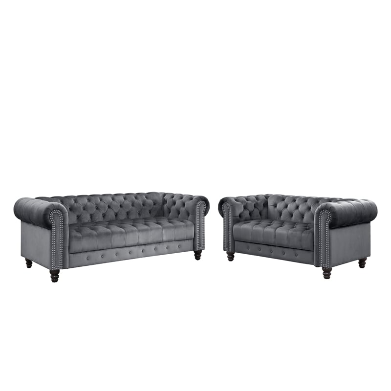Pemberly Row 2 Piece Living room Furniture Velvet Fabric Modern Sofa Set -Gray