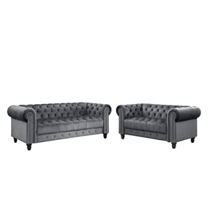 Pemberly Row 2 Piece Living room Furniture Velvet Fabric Modern Sofa Set -Gray