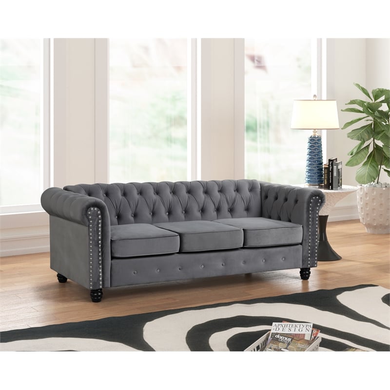 Pemberly Row Chesterfield Button Tufted Velvet Fabric Living Room Sofa in Gray
