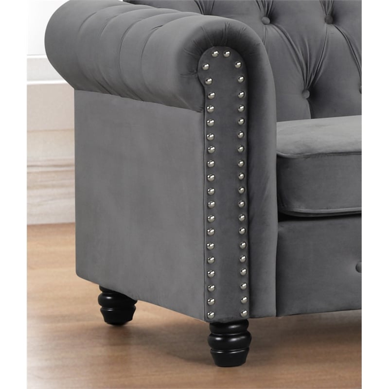 Pemberly Row Chesterfield Button Tufted Velvet Fabric Living Room Sofa in Gray