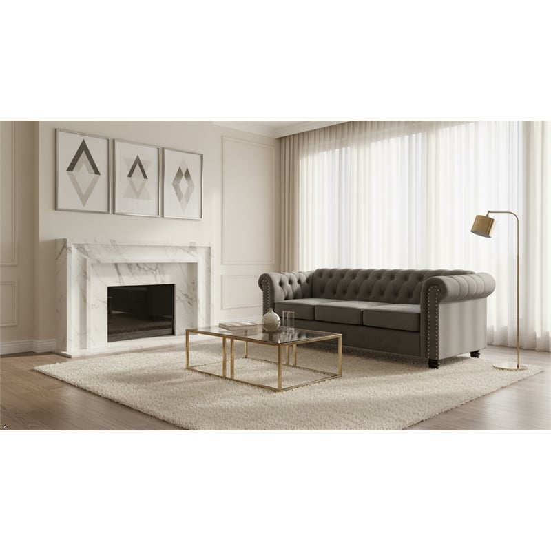 Pemberly Row Chesterfield Button Tufted Velvet Fabric Living Room Sofa in Gray