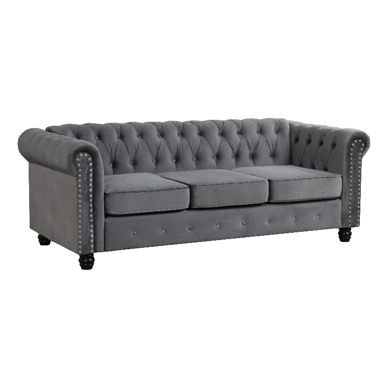 Pemberly Row Chesterfield Button Tufted Velvet Fabric Living Room Sofa in Gray