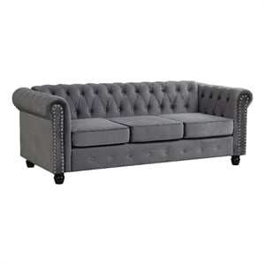 Pemberly Row Chesterfield Button Tufted Velvet Fabric Living Room Sofa in Gray