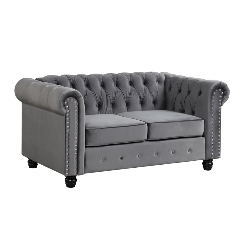 Pemberly Row Velvet Fabric Chesterfield Loveseat with Sheltering Arms in Gray