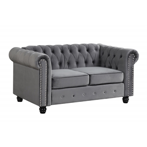 Pemberly Row Velvet Fabric Chesterfield Loveseat with Sheltering Arms in Gray
