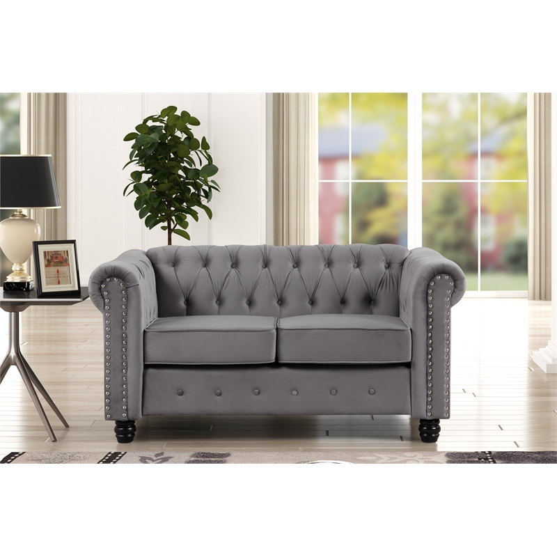 Pemberly Row Velvet Fabric Chesterfield Loveseat with Sheltering Arms in Gray