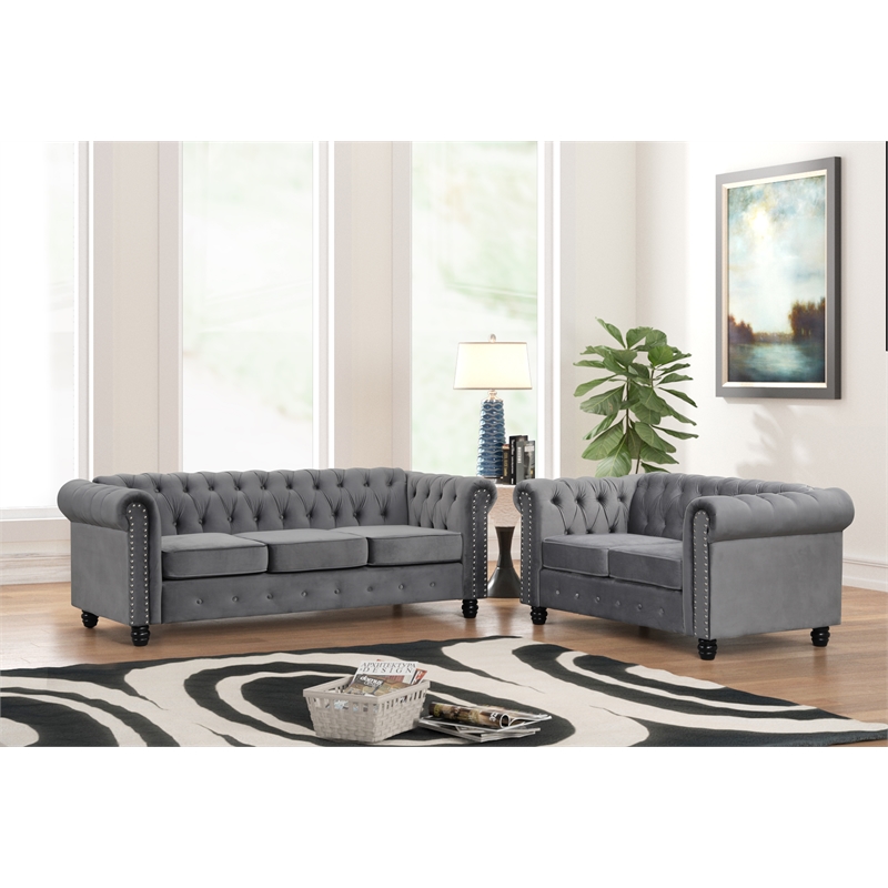 Pemberly Row Modern Sofa Loveseat Velvet Fabric Living room Furniture Set-Gray