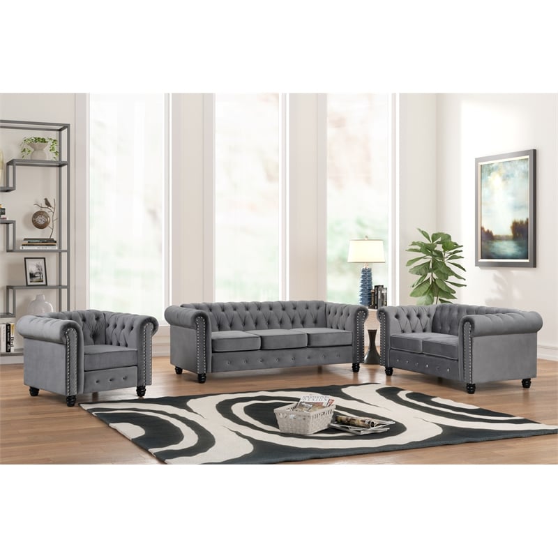 Pemberly Row Sofa Loveseat Armchair Velvet Fabric Living room couches Set-Gray