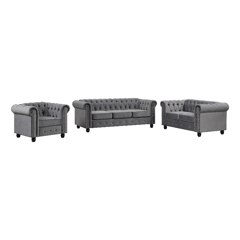 Pemberly Row Sofa Loveseat Armchair Velvet Fabric Living room couches Set-Gray