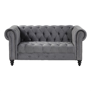 Pemberly Row Chesterfield 68&quot Button Tufted Velvet Fabric Loveseat-Gray