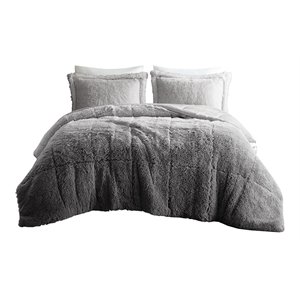 Pemberly Row 90&quot 3-Piece Shaggy Long Fur Fabric Comforter Mini Set in Gray