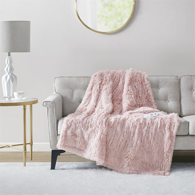 Pemberly Row Polyester Fabric Shaggy Fur Heated Electric Throw in Pink