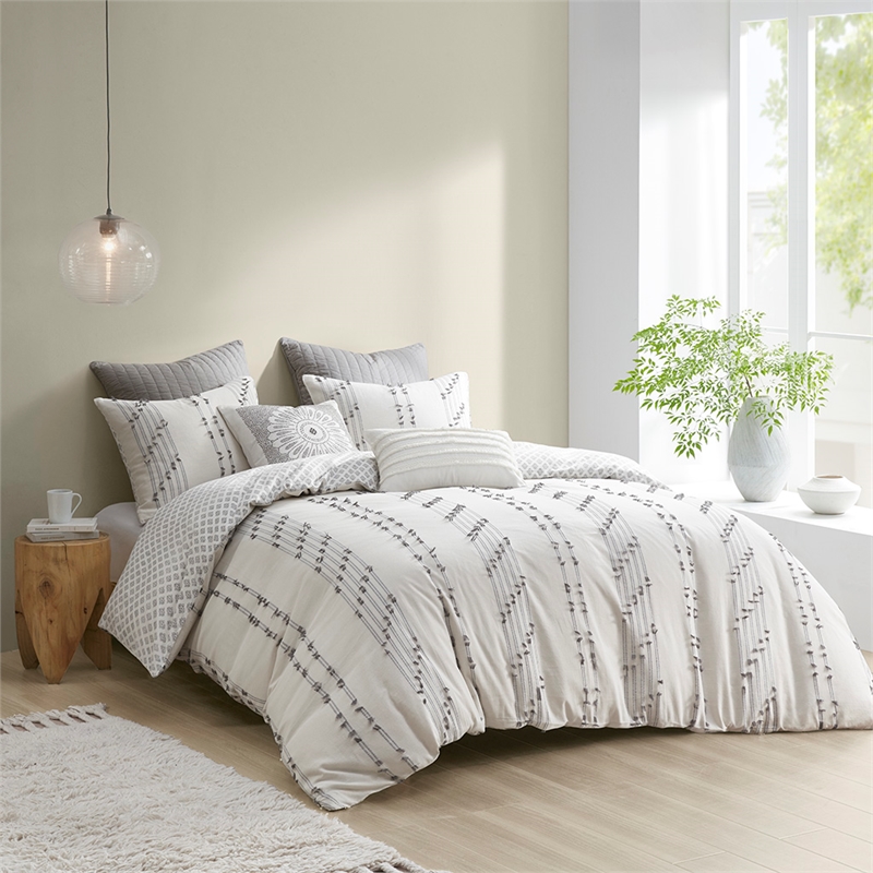 Pemberly Row 3-Piece Contemporary Cotton Jacquard Duvet Cover Set in Ivory