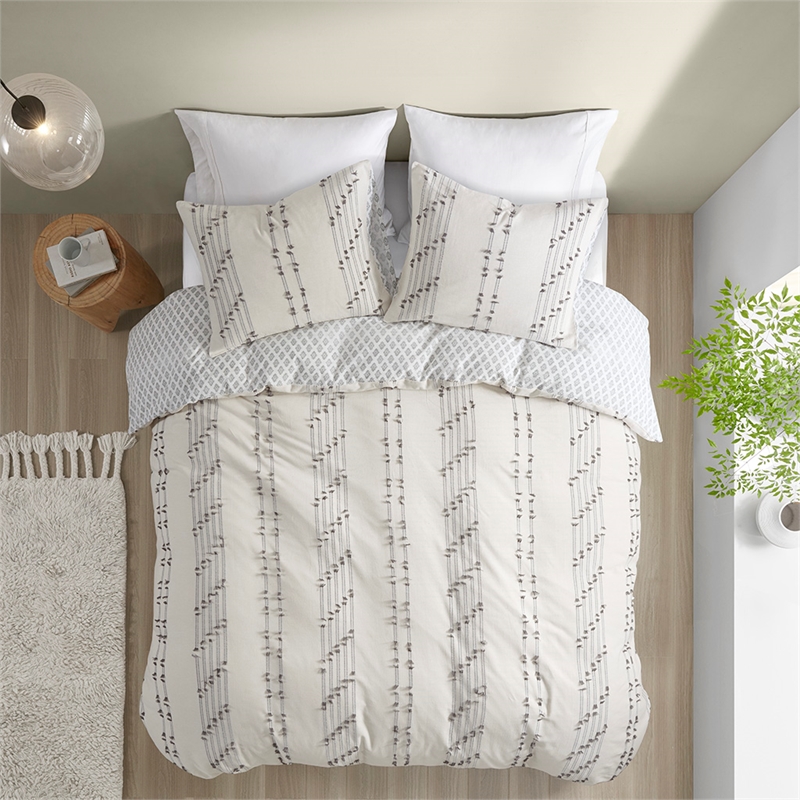 Pemberly Row 3-Piece Contemporary Cotton Jacquard Duvet Cover Set in Ivory