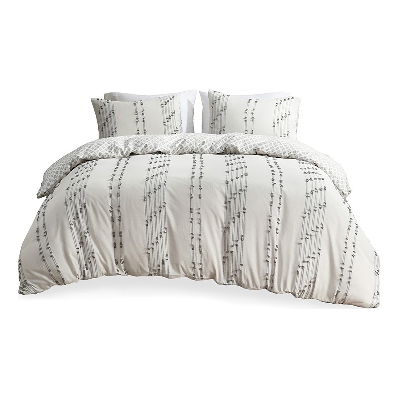Pemberly Row 3-Piece Contemporary Cotton Jacquard Duvet Cover Set in Ivory