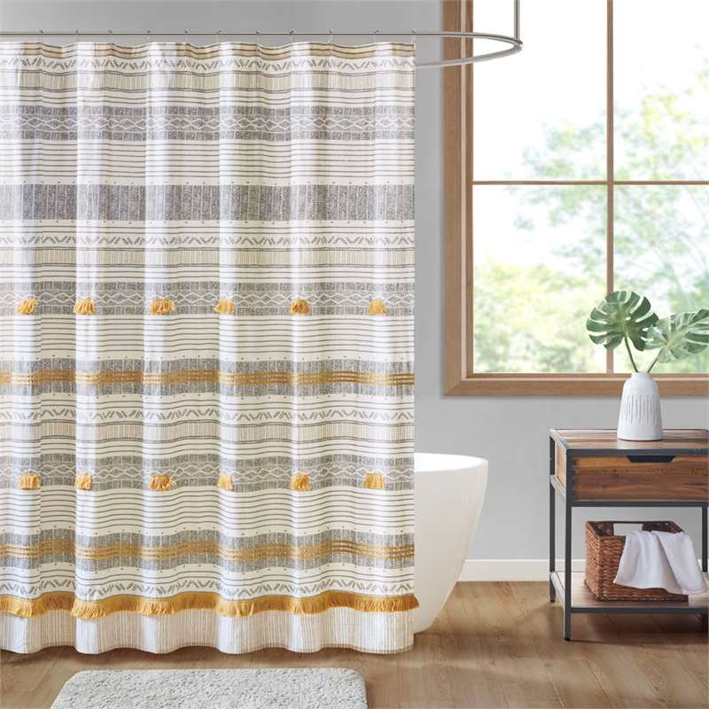 Pemberly Row Cotton Stripe Printed Shower Curtain with Tassel in Gray/Yellow