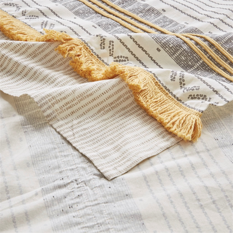 Pemberly Row Cotton Stripe Printed Shower Curtain with Tassel in Gray/Yellow