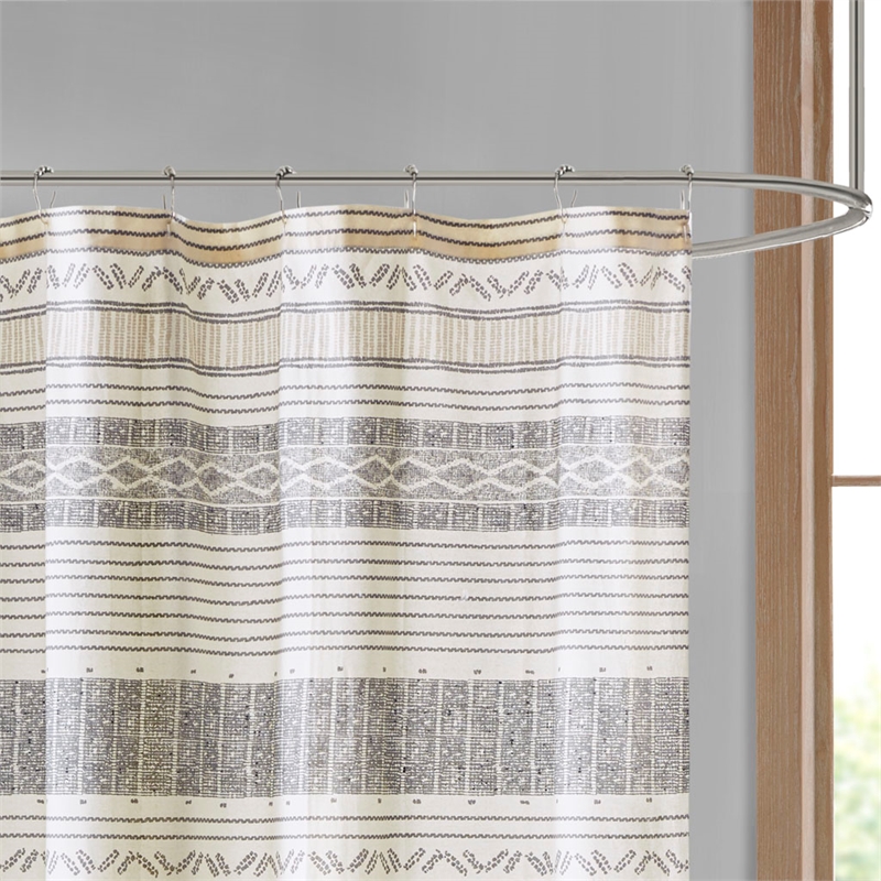 Pemberly Row Cotton Stripe Printed Shower Curtain with Tassel in Gray/Yellow