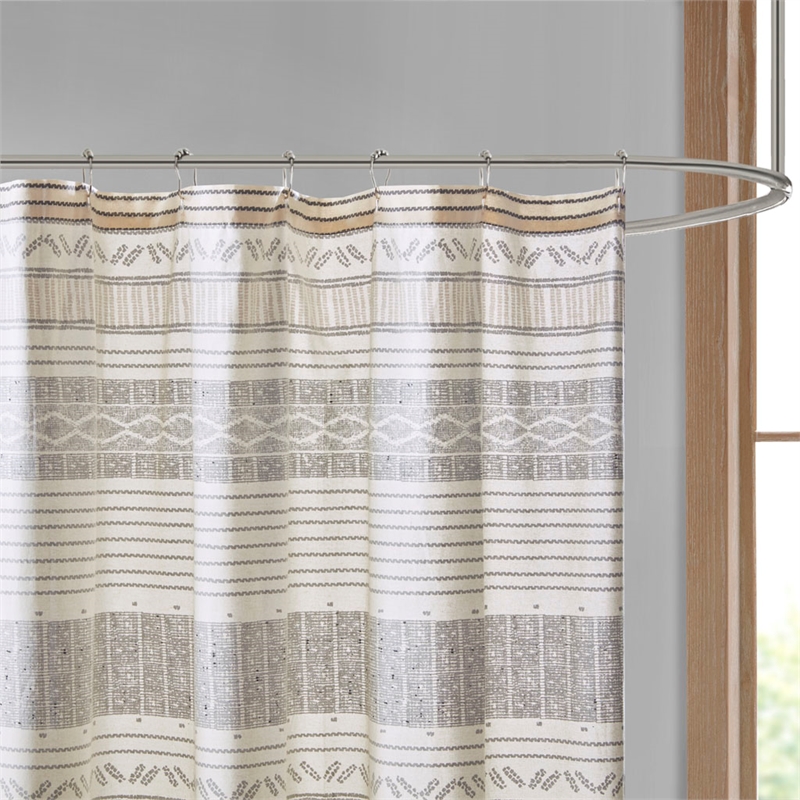 Pemberly Row Cotton Stripe Printed Shower Curtain with Tassel in Gray/Yellow
