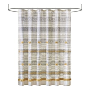 Pemberly Row Cotton Stripe Printed Shower Curtain with Tassel in Gray/Yellow