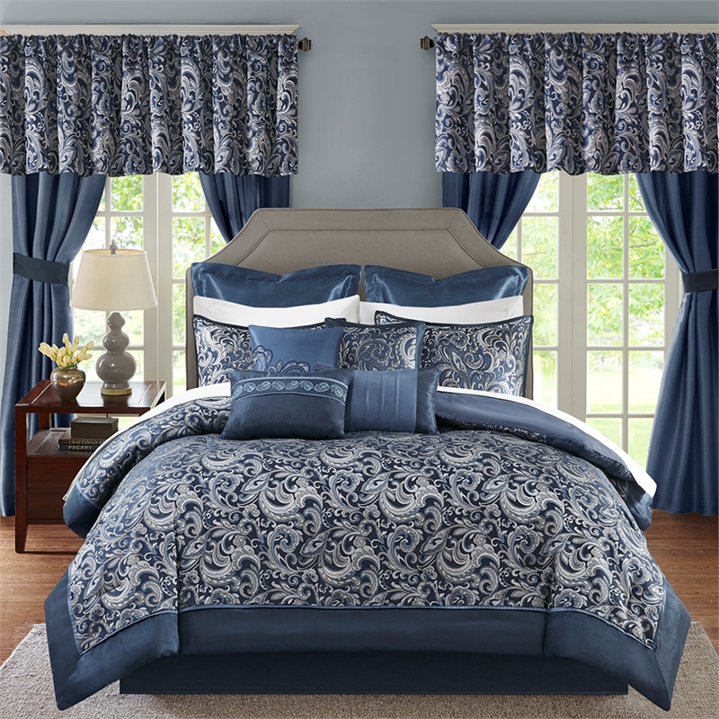 Pemberly Row Contemporary 24-Piece Fabric Room in a Bag in Navy Finish